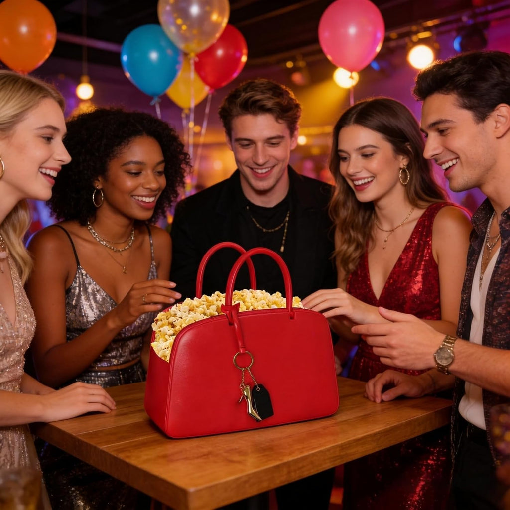 Leather Red Popcorn Bag, Fashion Handbag Style Top Handle Snack Container, for Party, Pool, Travel