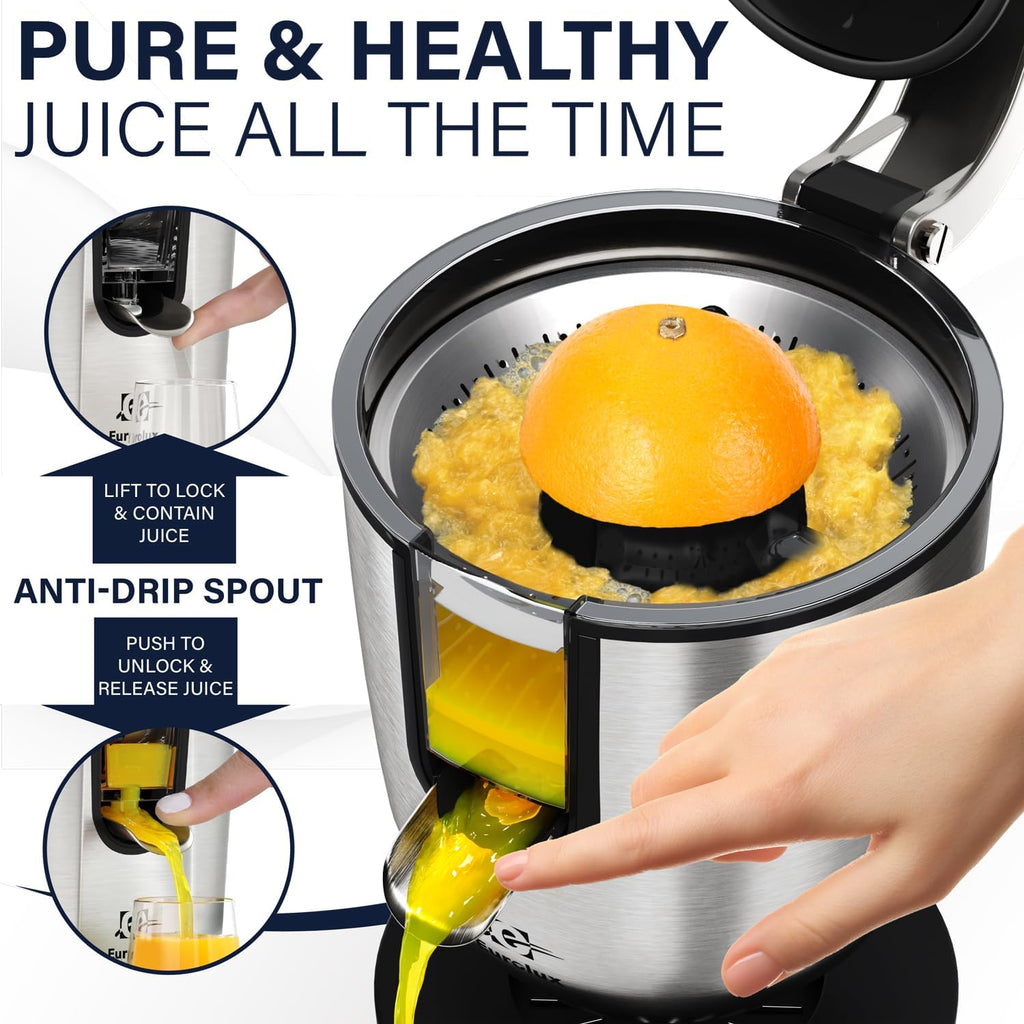 Eurolux Premium Electric Orange Juicer | Stainless Steel Citrus Squeezer With New Ultra-Powerful Motor And Soft Grip Handle For Effortless Juicing, Auto Shutoff, Dishwasher-Safe Parts, Pulp Control