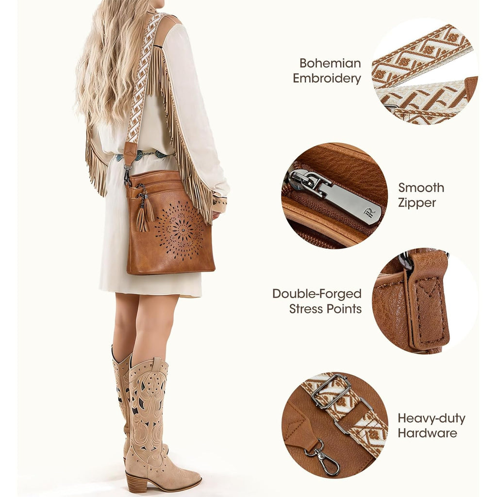 RAINSMORE Women's Medium Leather Crossbody Bag - Lightweight Casual Purse for Weekend Shopping, Everyday Outings, Travel