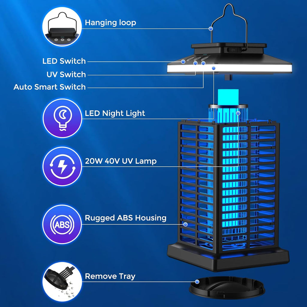 Bug Zapper Outdoor, 2026 Upgraded 3 In 1 Rechargeable Bug Zapper With 5000Mah Battery & Led Night Light, 4000V Cordless Waterproof Mosquito Zapper For Outside,Patio,Backyard,Garden Black