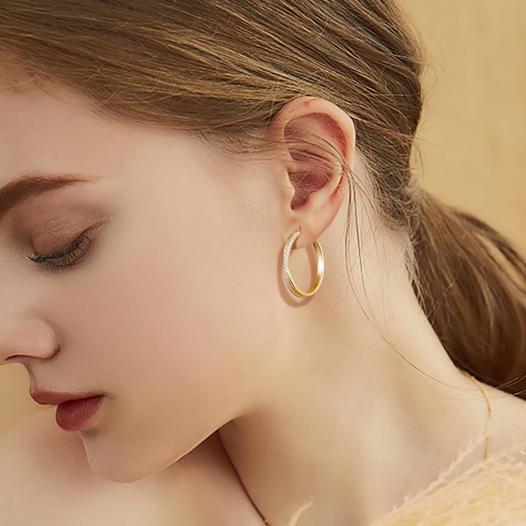 ELEBEST Hoop Earrings 14K Hoop Gold Earrings for Women Thick Large Diamond Hoops Earring Elegant X-shaped Gold Huggie Earring 30mm