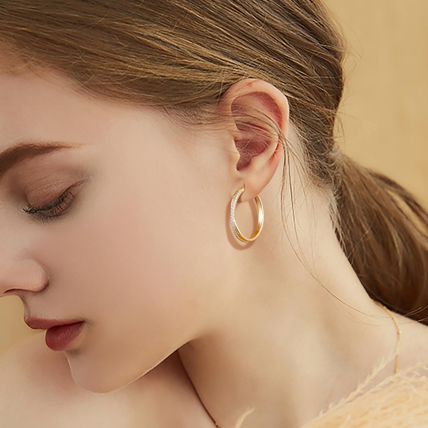 ELEBEST Hoop Earrings 14K Hoop Gold Earrings for Women Thick Large Diamond Hoops Earring Elegant X-shaped Gold Huggie Earring 30mm