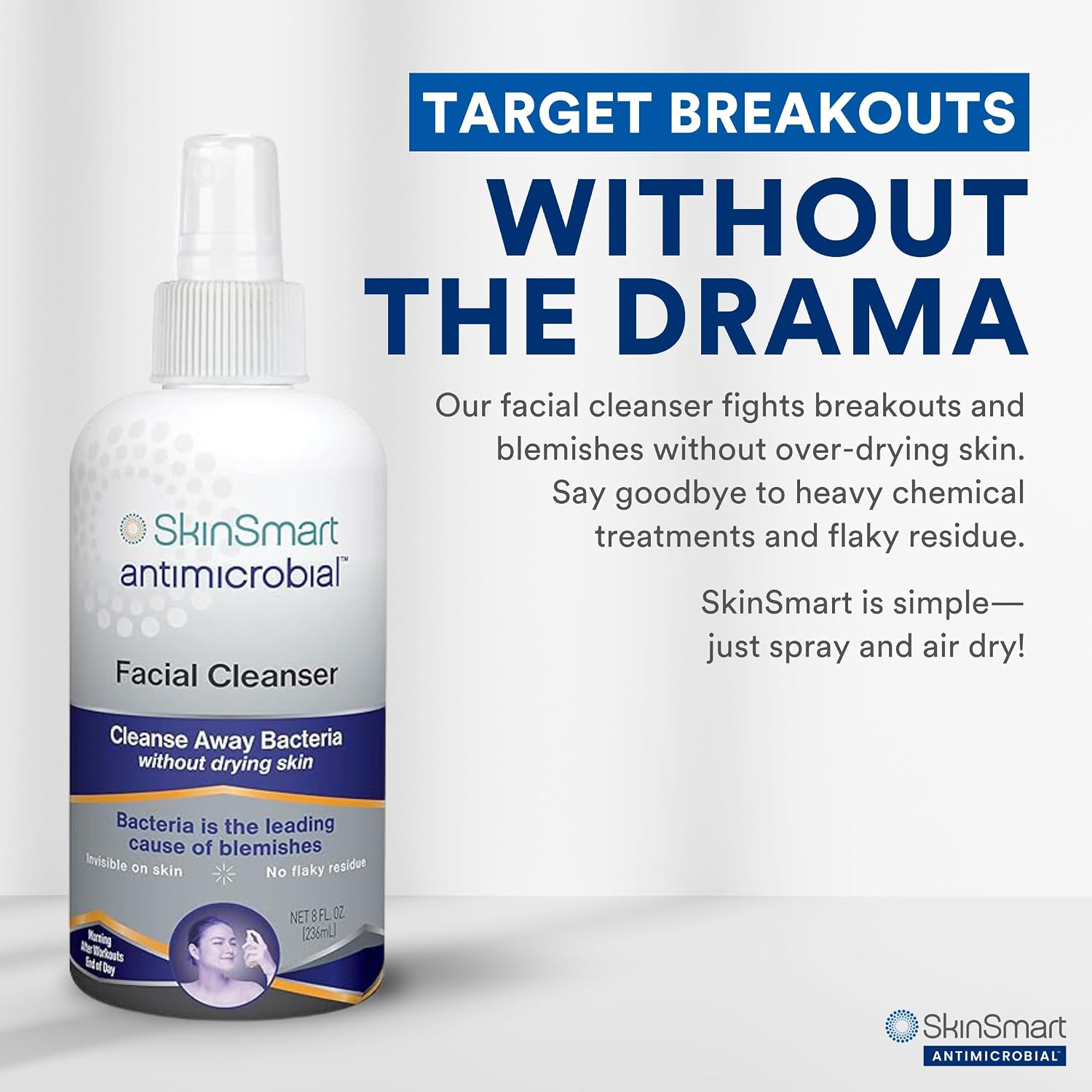 Skinsmart Antimicrobial Facial Cleanser For Breakouts & Blemishes; Hypochlorous Acid Formula Targets Bacteria To Reduce Skin Irritation And Flush Pores Clean, 8 Oz Spray, All Ages & All Skin Types