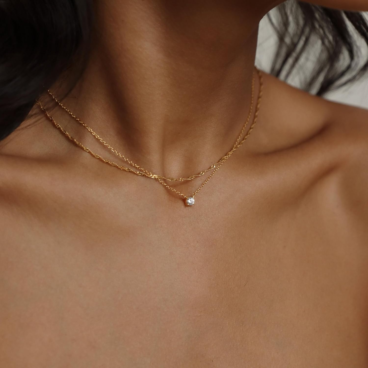 Dainty Gold Necklace for Women Non Tarnish Layered 14k Diamond Pendant Charm Gold Plated Necklaces CZ Trendy Zirconia Chain Choker Necklace Stack Gold Jewelry for Women Birthday Gift