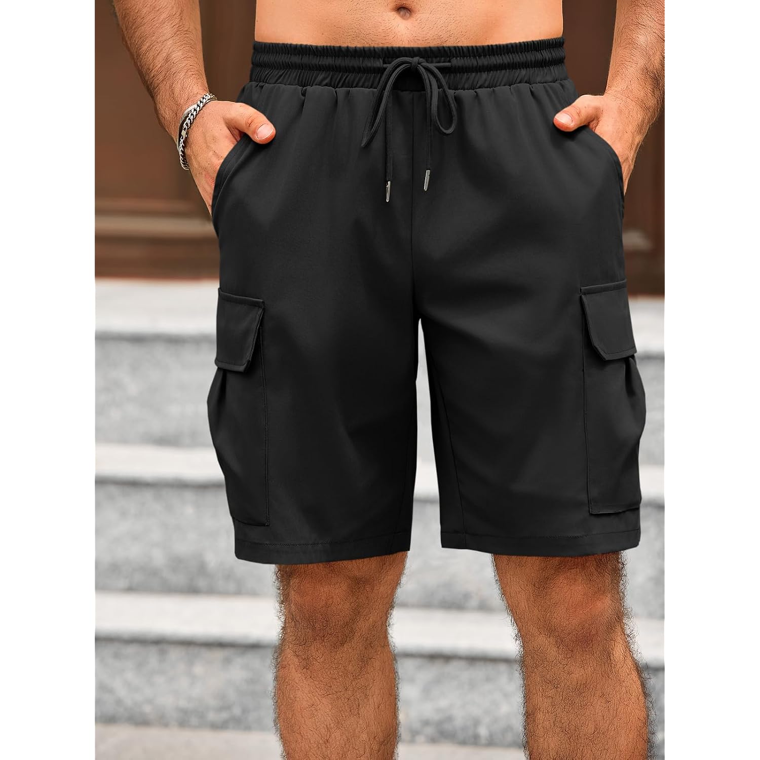 Runcati Mens Cargo Shorts Elastic Waist Drawstring Lightweight Shorts Summer Hiking Casual Shorts With Pockets No Lining
