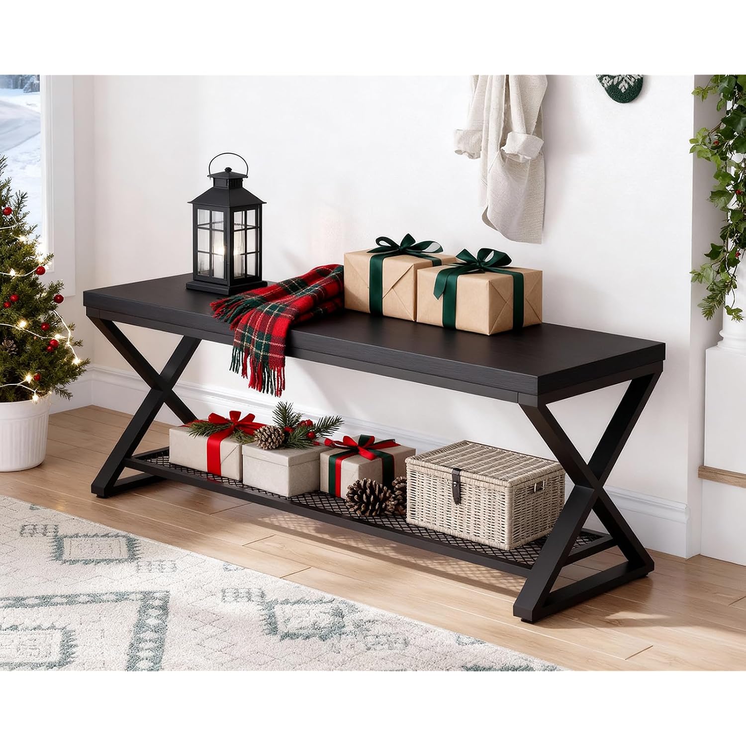 Lvb Black Bench, Industrial Entryway Bench With Storage, Indoor Wood And Metal Storage Bench For Living Room Bedroom, Accent Shoe Rack Seating Bench For Hallway Foyer Entrance, Black Oak, 47 Inch