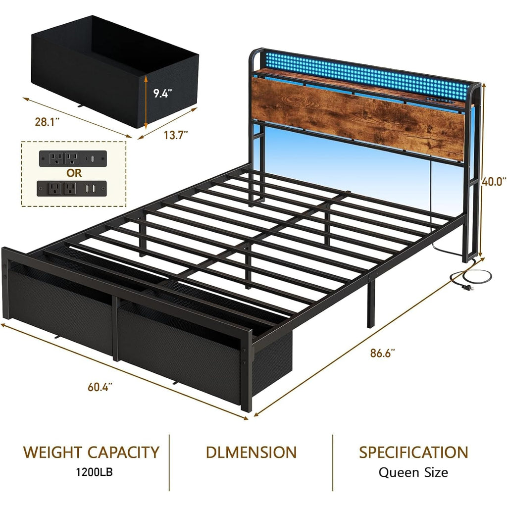 Queen Size Bed Frame With Headboard Storage, Platform Bed Frame Queen Size With 2 Drawers, Charging Station And Led Lights, No Box Spring Needed, Noise Free, Easy Assembly (1200 Lbs Capacity)