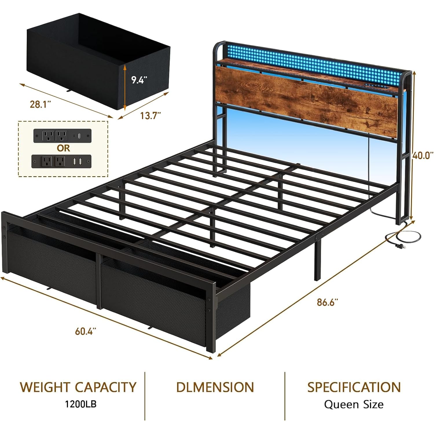 Queen Size Bed Frame With Headboard Storage, Platform Bed Frame Queen Size With 2 Drawers, Charging Station And Led Lights, No Box Spring Needed, Noise Free, Easy Assembly (1200 Lbs Capacity)