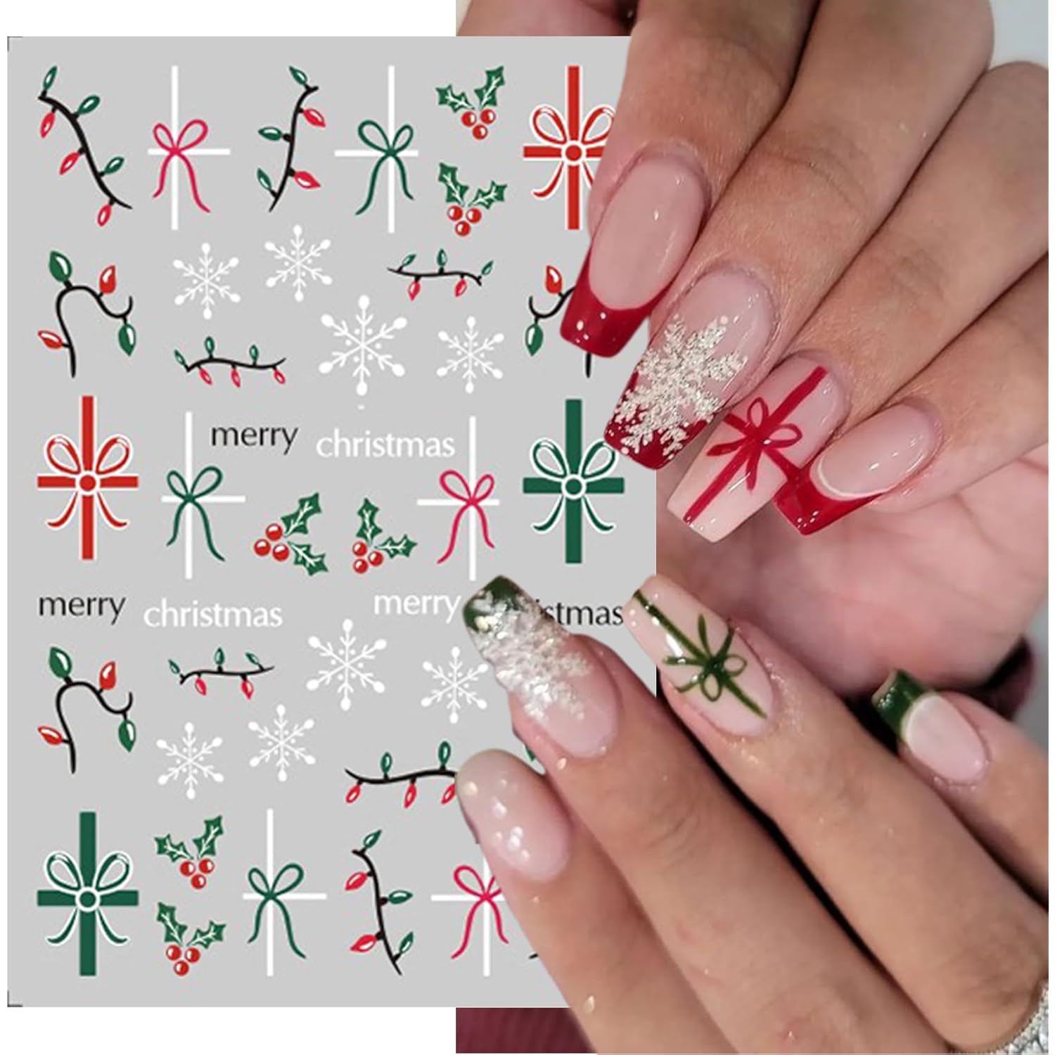 IDDFEVE Christmas Gift Bow Nail Art Stickers, Santa Hat Elk Snowflake Design, 3D Self-Adhesive Glitter French Nail Tip Winter Holiday Nail Decals for Women (5 Sheets)