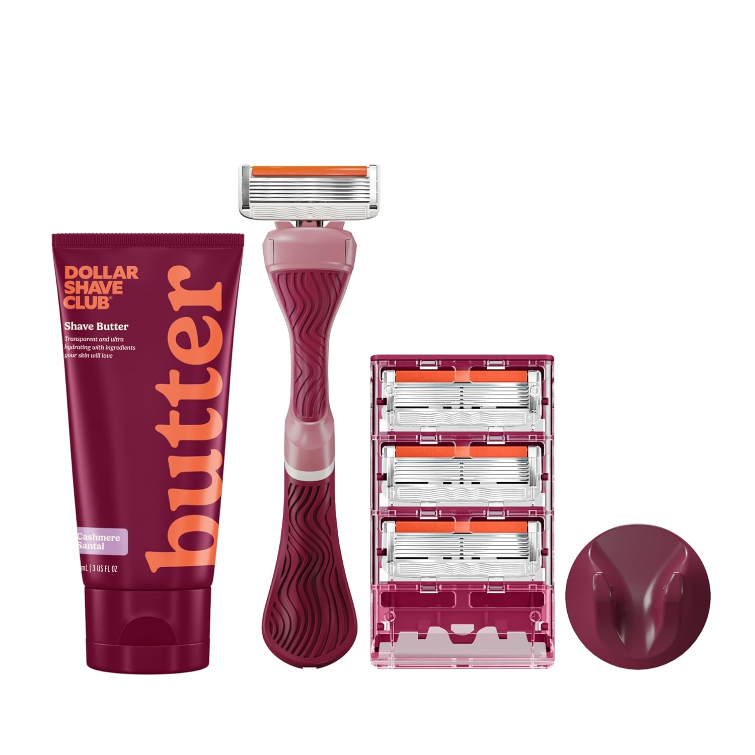 Dollar Shave Club For Women | 1 Maroon Handle, 4 Razor Refills, 1 Cashmere Santal Shave Butter, 1 Shower Hanger | Razors for Women, Womens Razors, Womens Shave Cream