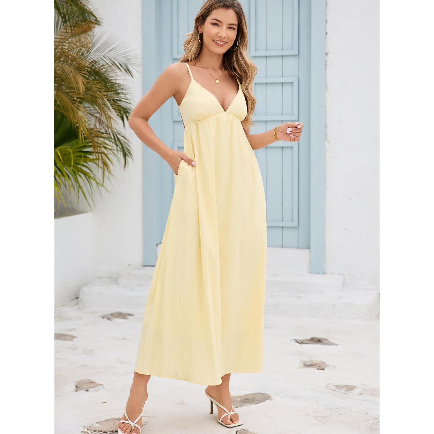 Women'S Dress V Neck Backless Spaghetti Strap Maxi Dress For Women Flowy Boho Casual Sundress