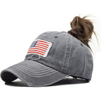 Women American Flag Ponytail Hat Embroidery Washed-Cotton Messy Bun Baseball-Cap Adjustable Grey