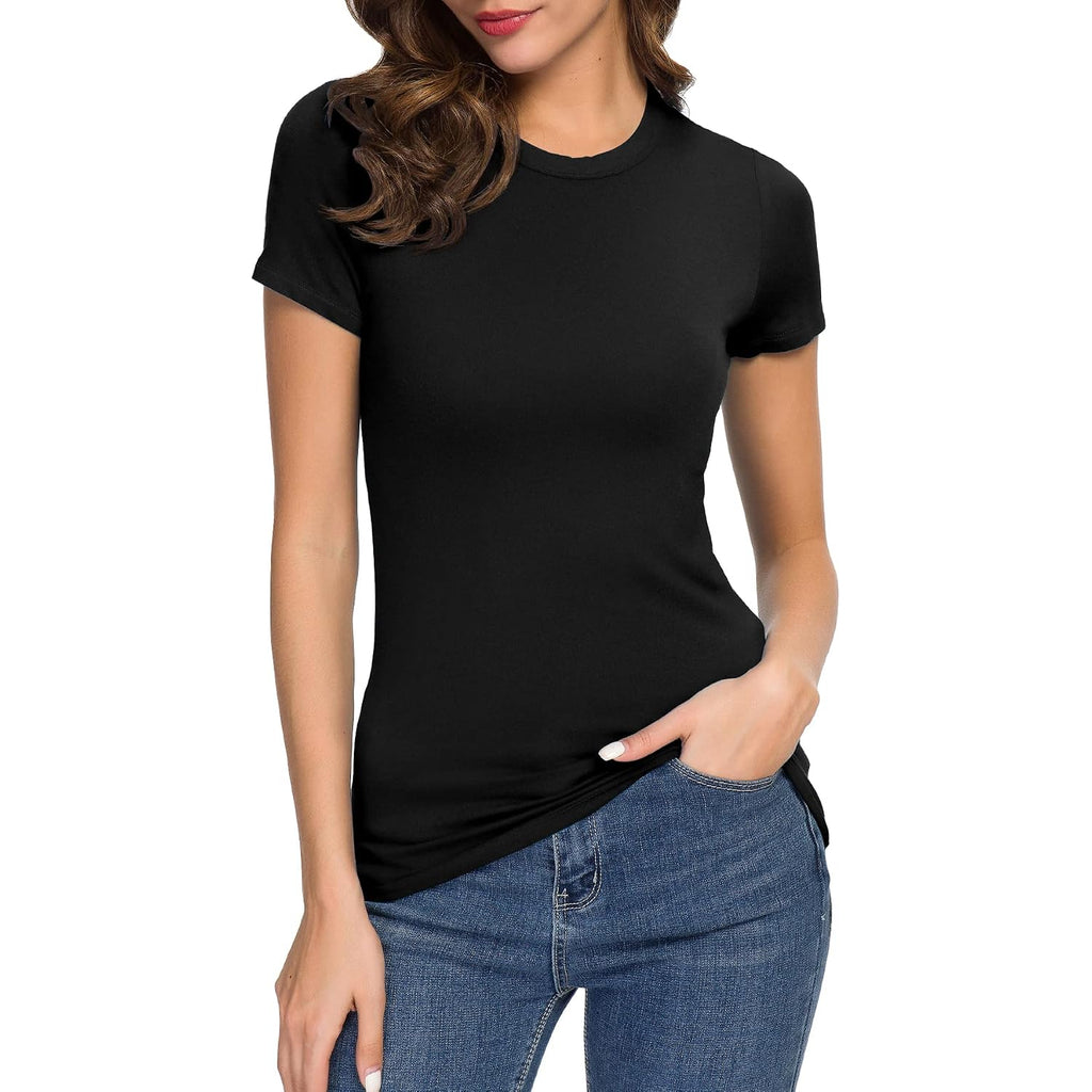 Women'S Crewneck Slim Fitted Short Sleeve T-Shirt Stretchy Bodycon Basic Tee Tops