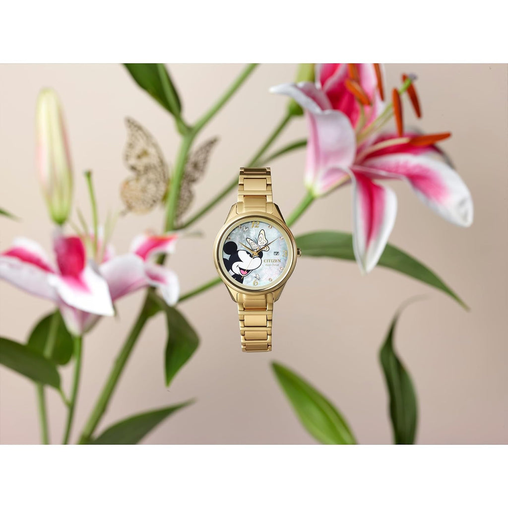 Citizen Ladies Eco-Drive Mickey Mouse Watch, Gold-Tone Stainless Steel Case & White Mother-Of-Pearl Dial (Style: Fe6192-51D)