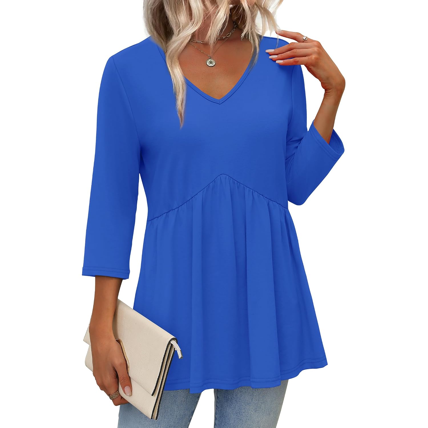 OFEEFAN 3/4 Length Sleeve Womens Tops 2025 Blouses for Women Dressy Casual Fashion Clothing V Neck Babydoll Tops Fall Outfits
