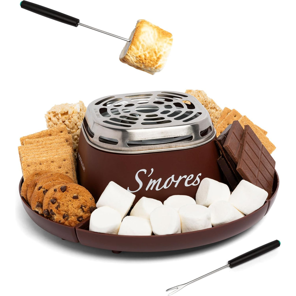 Nostalgia Tabletop Indoor Electric S'Mores Maker - Smores Kit With Marshmallow Roasting Sticks And 4 Trays For Graham Crackers, Chocolate, And Marshmallows - Movie Night Supplies - Brown