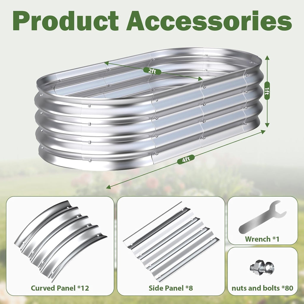 Galvanized Raised Garden Bed Outdoor, 4X2X1Ft(2Pack) Metal Heavy Duty Planter Boxes For Gardening, Easy Assemble Bottomless Small Oval Plant Container Kit For Vegetable, Flower, Fruit, Silver
