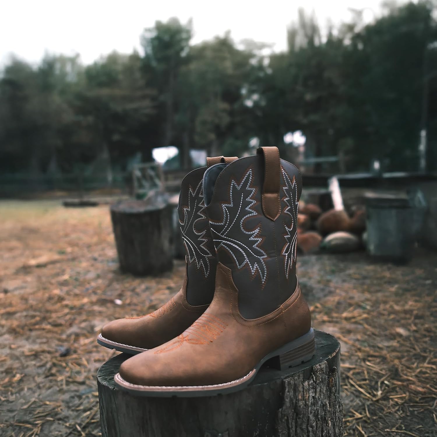 Cowboy Boots For Men - Western Men'S Boots With Classic Embroidered, Slip On Square Toe Boots, Slip Resistant Country Boots Chunky Heel Ankle, Durable Short Boots For Spring Fall