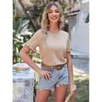 Prettygarden Women'S Short Sleeve Casual T Shirts Summer Ruffle Plain Round Neck Loose Fit Tee Blouse Tops
