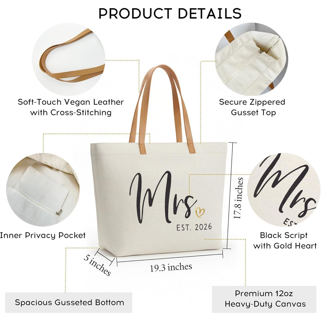 ELEGANTPARK Mrs Gifts for Bride 2026 - Large Canvas Wedding Tote Bag with Zipper, Bridal Shower Gift for Bride to Be, Bachelorette Party Honeymoon Beach Bag