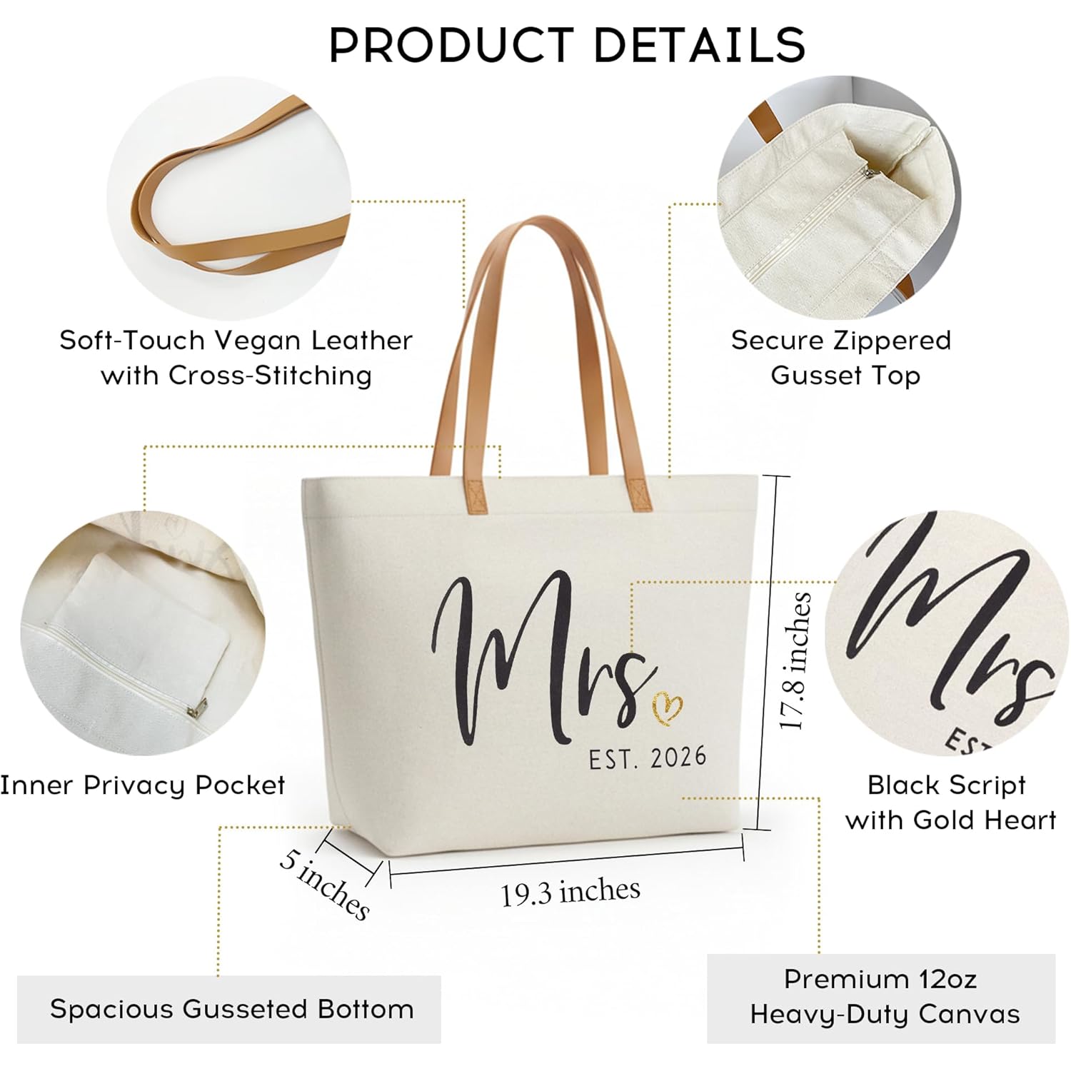 ELEGANTPARK Mrs Gifts for Bride 2026 - Large Canvas Wedding Tote Bag with Zipper, Bridal Shower Gift for Bride to Be, Bachelorette Party Honeymoon Beach Bag