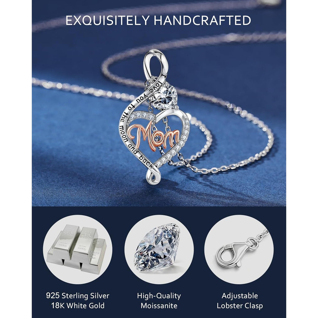 EleShow Mom Necklaces for Women, Sterling Silver Heart Moissanite Necklace, Jewelry Gifts for Mom on Birthday, Mother's Day, Christmas - 1.0 Carat