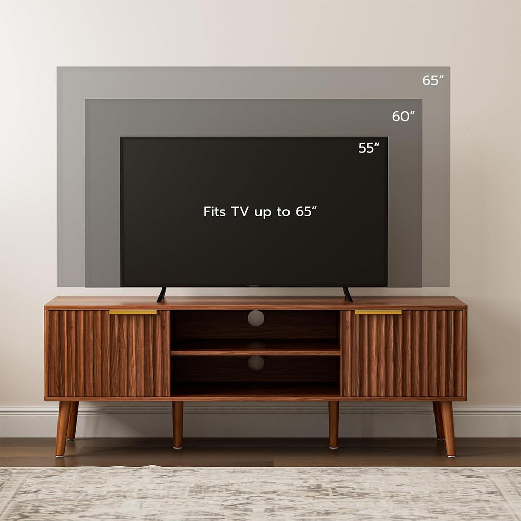 Tv Stand With Fluted Doors For Tvs Up To 65", Mid-Century, Walnut | 54.3"W X 15.3"D X 19.6"H, 150 Lbs Capacity, 2 Fluted Door Cabinets & 2 Adjustable Shelves, Cable Holes, 5 Tapered Legs