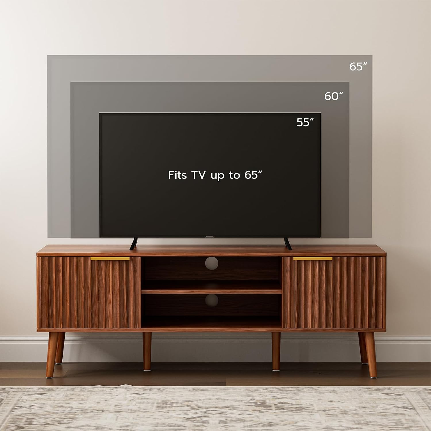 Tv Stand With Fluted Doors For Tvs Up To 65", Mid-Century, Walnut | 54.3"W X 15.3"D X 19.6"H, 150 Lbs Capacity, 2 Fluted Door Cabinets & 2 Adjustable Shelves, Cable Holes, 5 Tapered Legs