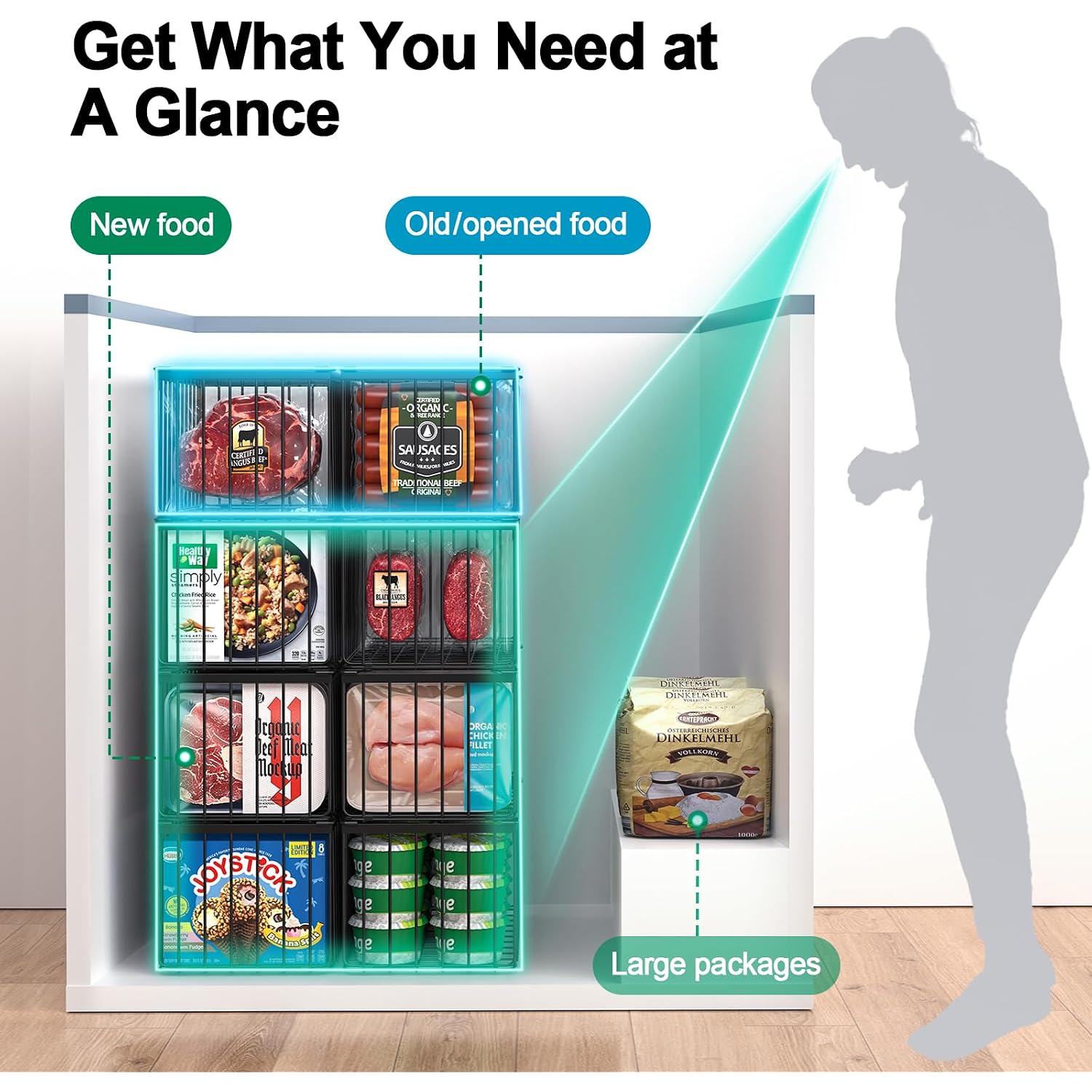 Freezer Organizer Bins, 4 Pack Stackable Deep Chest Freezer Organizer Bins, Foldable Baskets With Handles, Black Storage Container Baskets For 5/ 7 Cu.Ft Deep Freezer Sort Frozen Meats