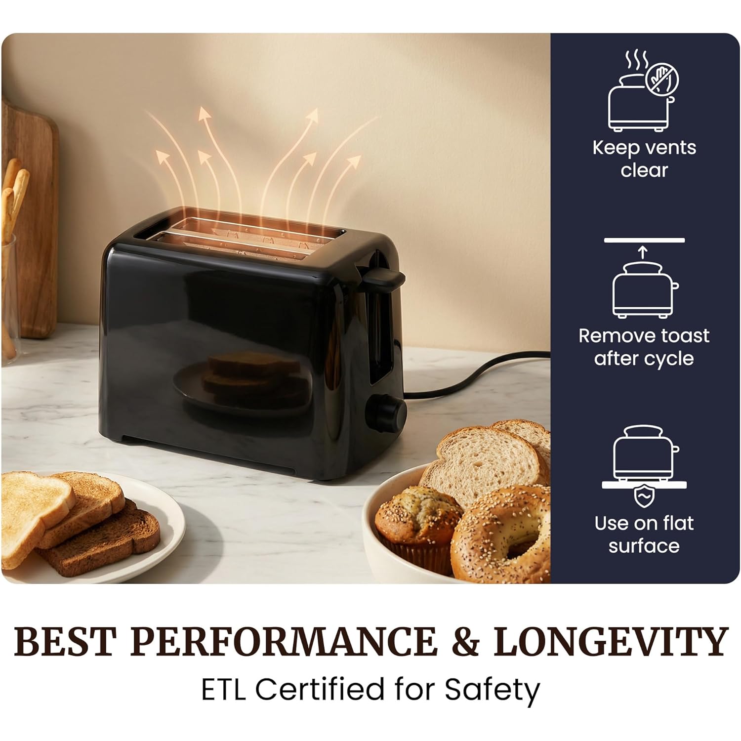 Elite Gourmet 2-Slice Cool Touch Toaster – 6 Browning Levels, Extra Wide 1.25” Slots for Bagels & Thick Bread, Cancel Function, Compact, ETL Certified, Black