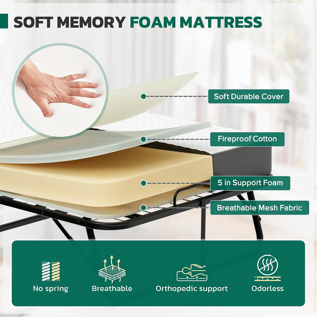 Folding Bed With 5 Inch Mattress, 75” X 38” Portable Rollaway Bed With Memory Mattress And Metal Frame For Adults,Guest, Twin Size,Cot Size