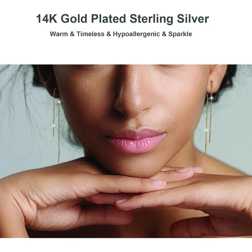 14K Gold Plated 925 Sterling Silver Threader Chain Dangle Earrings for Women,Hypoallergenic and Versaltile Minimalist Everyday Earrings 2 Pairs (2.4" / 4.8")