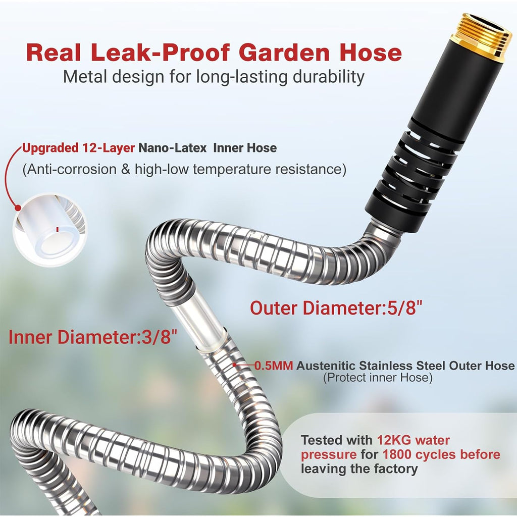 100Ft Metal Garden Hose - Heavy Duty 304 Stainless Steel Flexible Water Hose, No Kinks & Leak-Proof With Upgraded Handle, 10-Function Spray Nozzle & 4 Spare Gaskets For Yard, Rv, Pet Bath