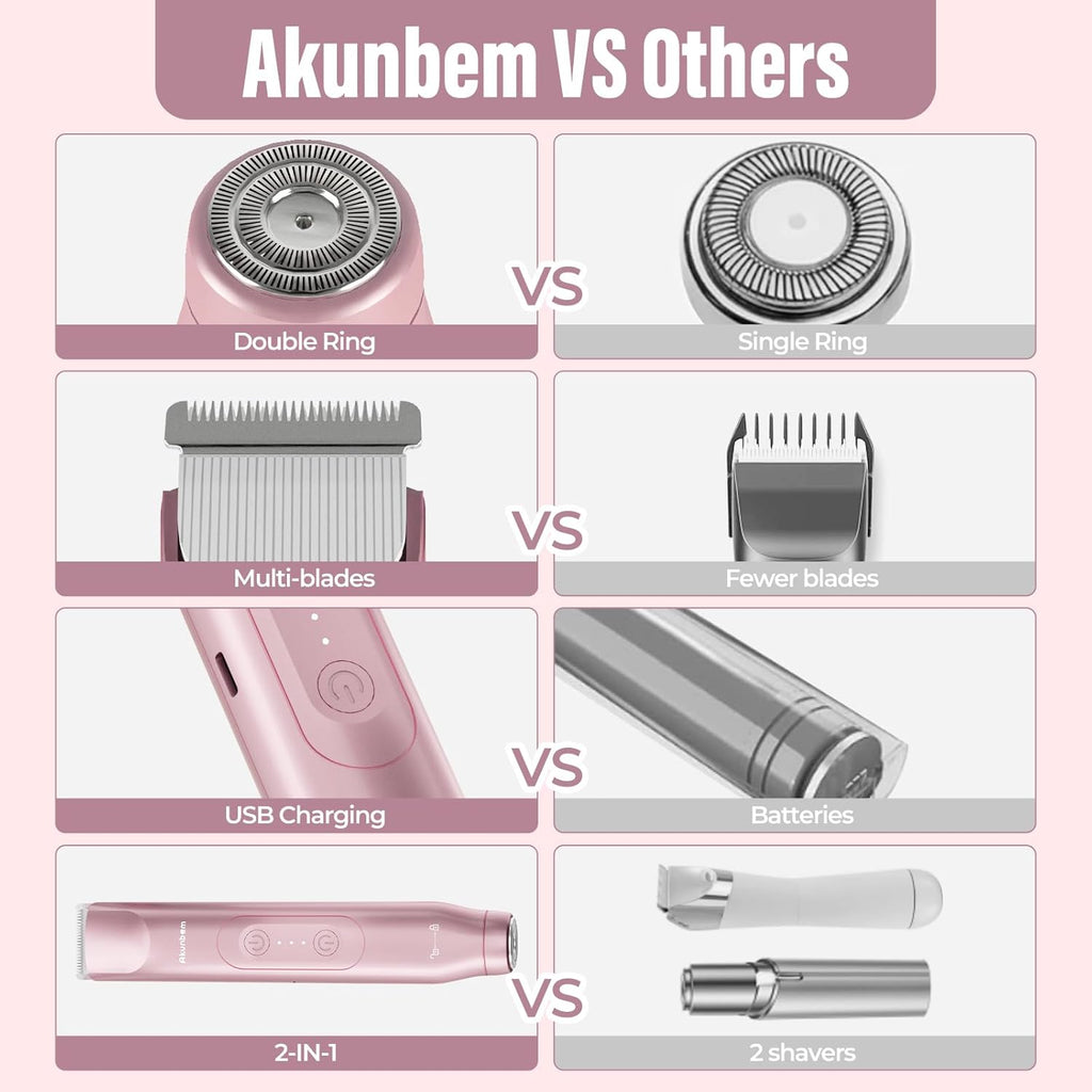 Akunbem 2 in 1 Women Electric Shaver Dual Head Bikini Trimmer for Women IPX7 Waterproof Wet & Dry Use Body Hair Trimmer and Facial Hair Remover for Bikini Underarm Leg Arm Body Face, Pink