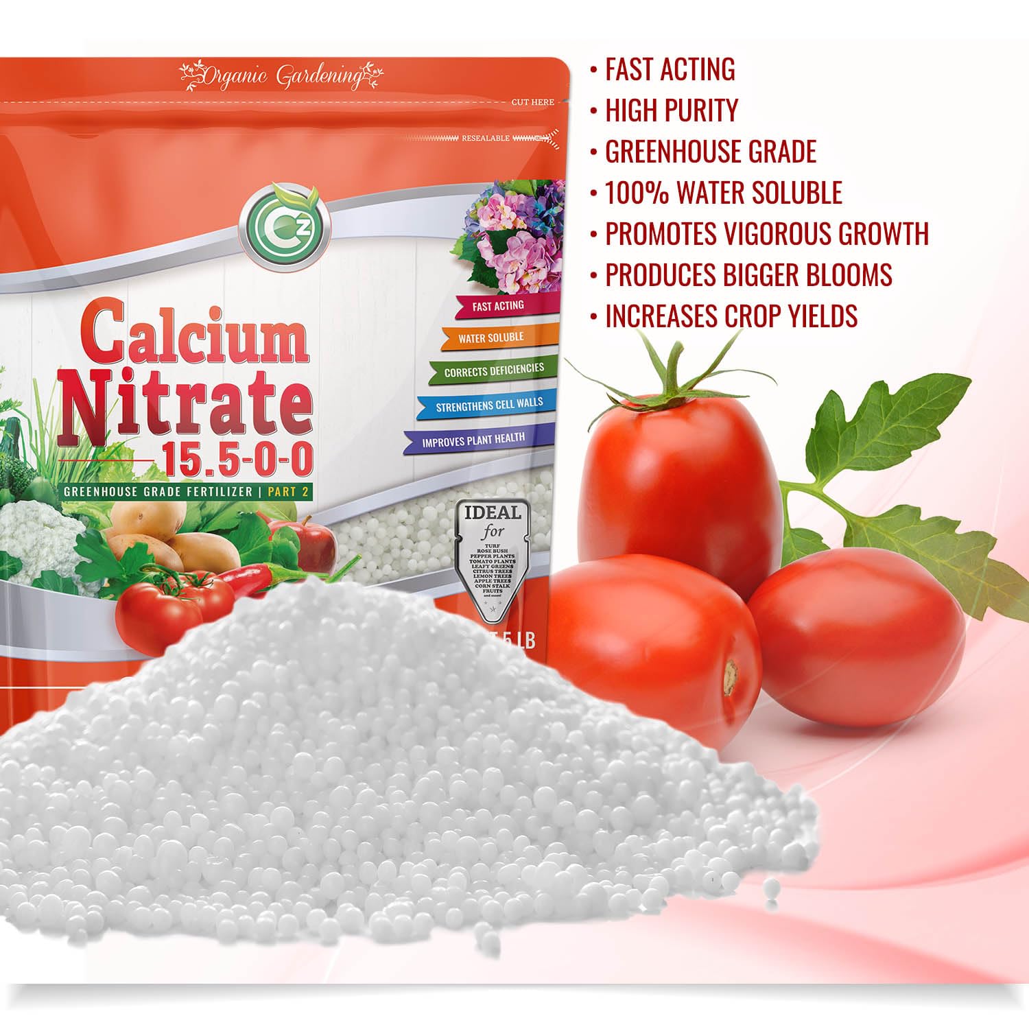 Calcium Nitrate 15.5-0-0 Fertilizer - Made In Usa - 5Lb Greenhouse Grade Plant Food For Hydroponics, Plants & Gardens – Fruit, Vegetables. Blossom End Rot Tomatoes
