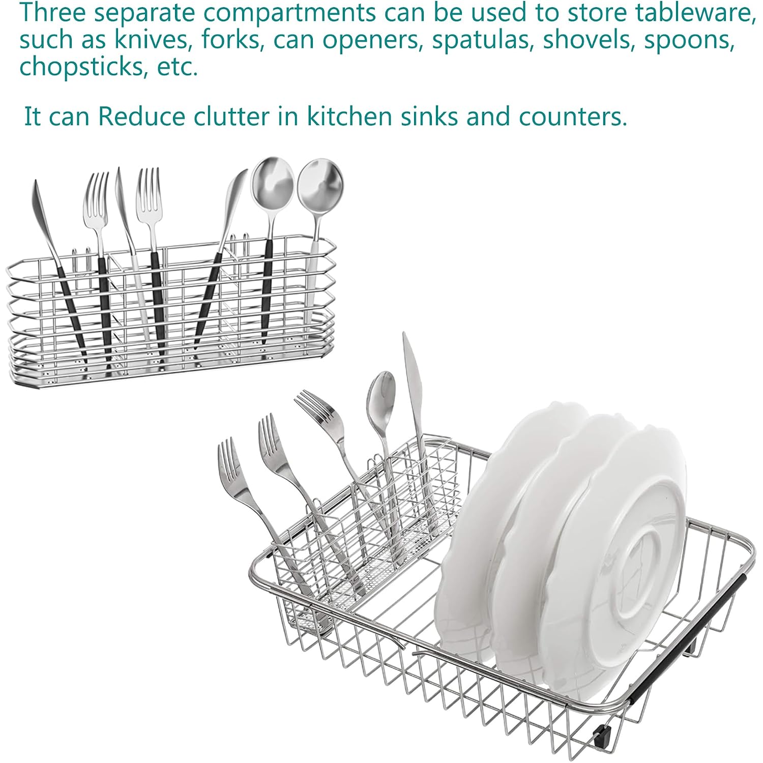 Niuyichee 304 Stainless Steel Utensil Holder, Dish Drying Rack, Kitchen Utensil Organizer, Knife And Fork Drainage Rack, Kitchen Drainage Basket Accessories, With Hooks, Rust Proof, Color-Silver