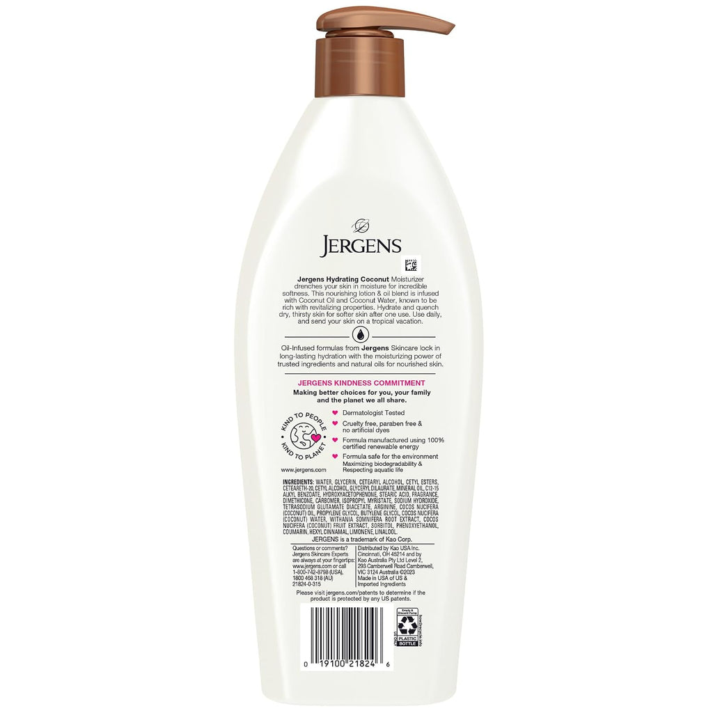 Jergens Hydrating Coconut Body Lotion For Dry To Extra Dry Skin, Moisturizer That Instantly Hydrates Skin With Coconut Oil, Dermatologist Tested, 16.8 Oz