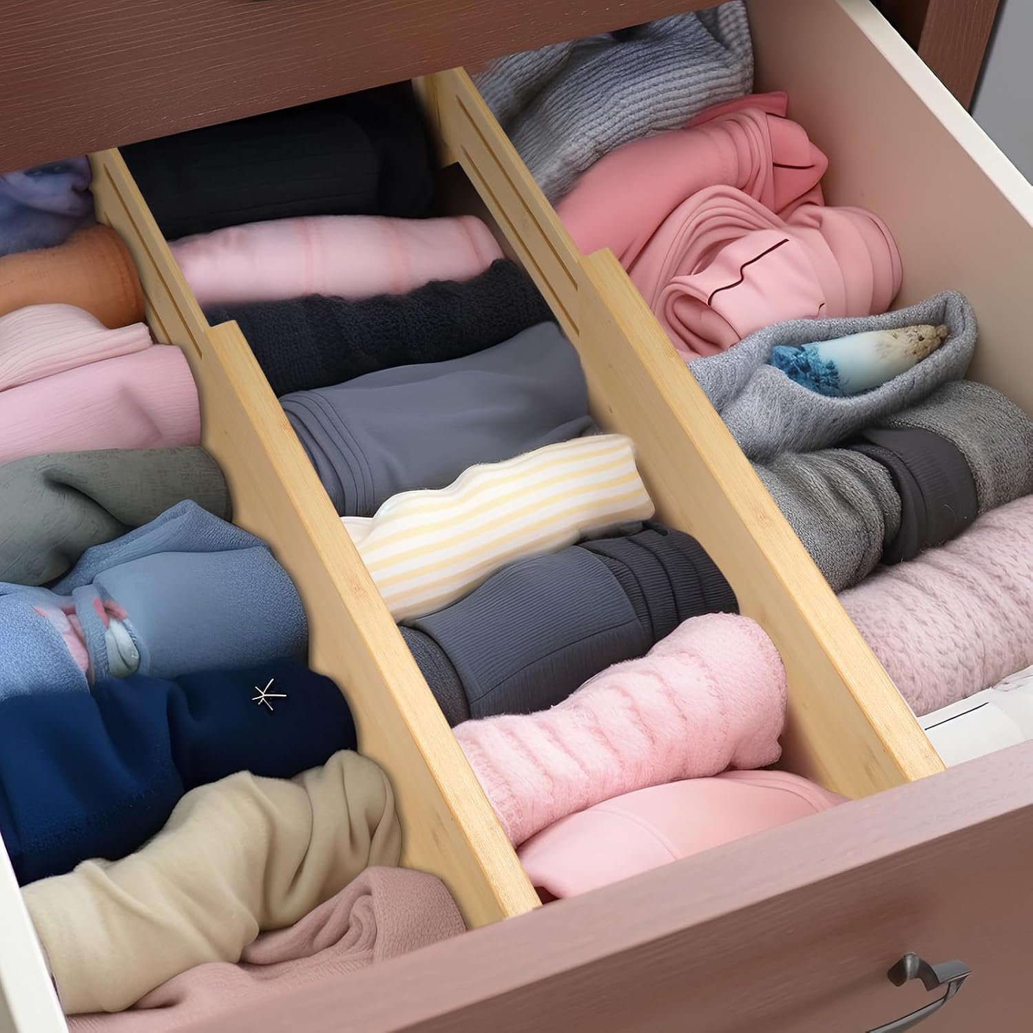 Fabsome Dresser Drawer Organizers 6 Pack, 4.65'' High Adjustable From 12.5-17‘’ Bamboo Drawer Dividers For Clothing Baby Clothes, Wooden Separators For Dresser Nursery Organization With Soft Foam Ends