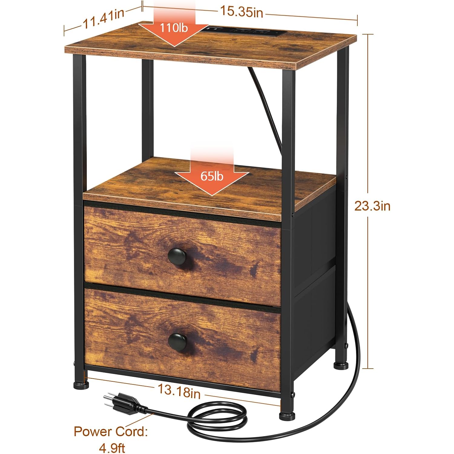 LOAKEKEL Night Stand Set 2, Nightstand with Charging Station, End Tables with Storage Shelf for Small Spaces, Bedside Table Side Tables with 2 Fabric Drawers for Bedroom, Rustic Brown, HETS020PBR