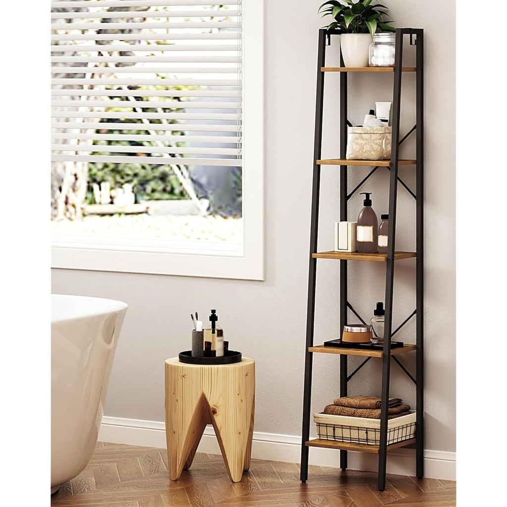 Hzuaneri Ladder Shelf, Bookshelf Bookcase, Freestanding Corner Storage Shelve With 2 Hooks For Home Office, Living Room, Kitchen, Bedroom, Industrial, 11.8" D X 13.4" W X 63" H, Rustic Brown Bc03201B