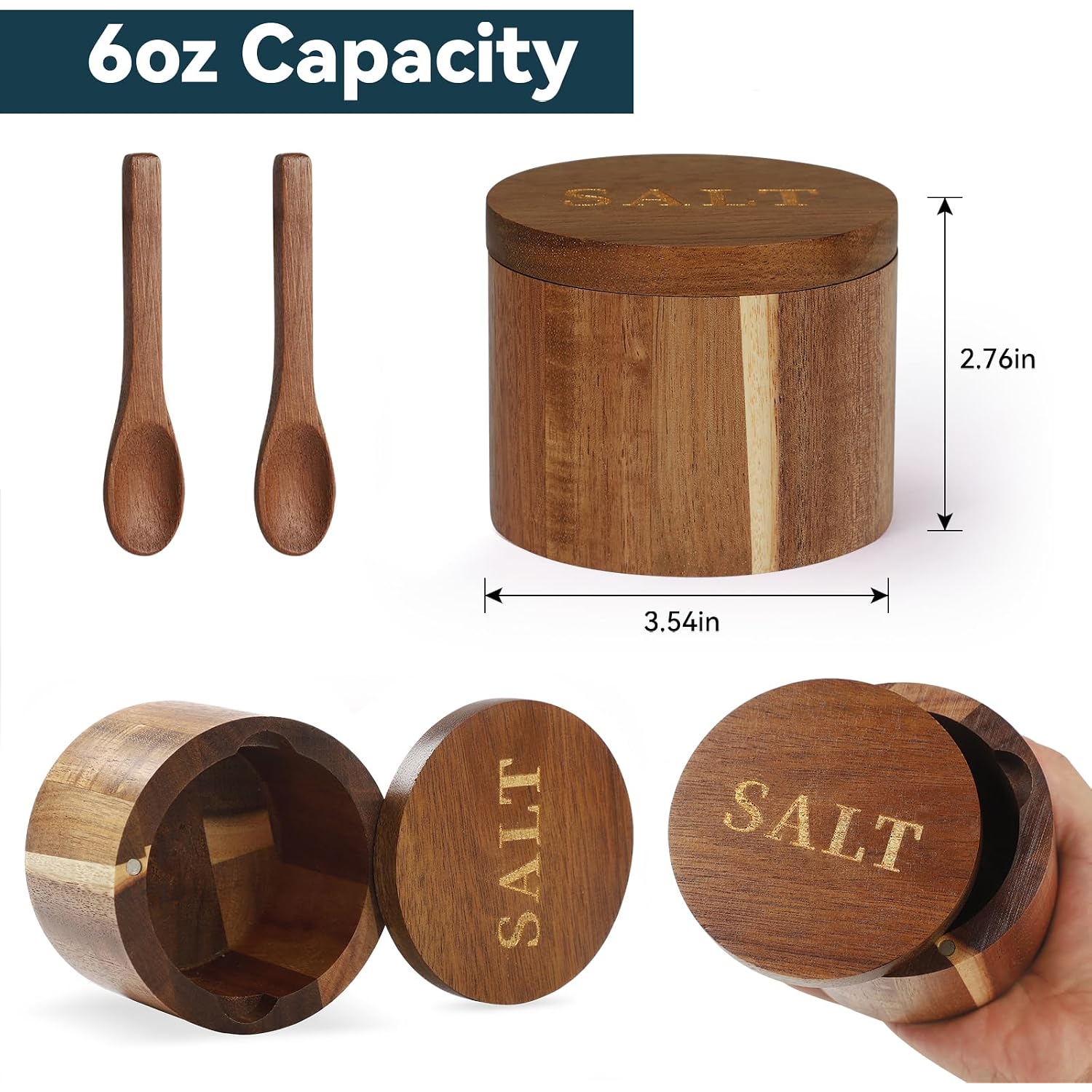 Salt Cellar, Acacia Wood Salt Container With Built-In Spoon & Swivel Lid, Engraved Salt Box, Salt Holder Bowl For Countertop Seasoning Storage