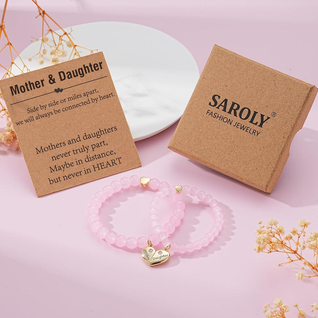 Mothers Day Gifts- Mother Daughter Bracelets Set, Matching Heart Charm Natural Stone Bracelet Jewelry Gifts for Mom Daughter