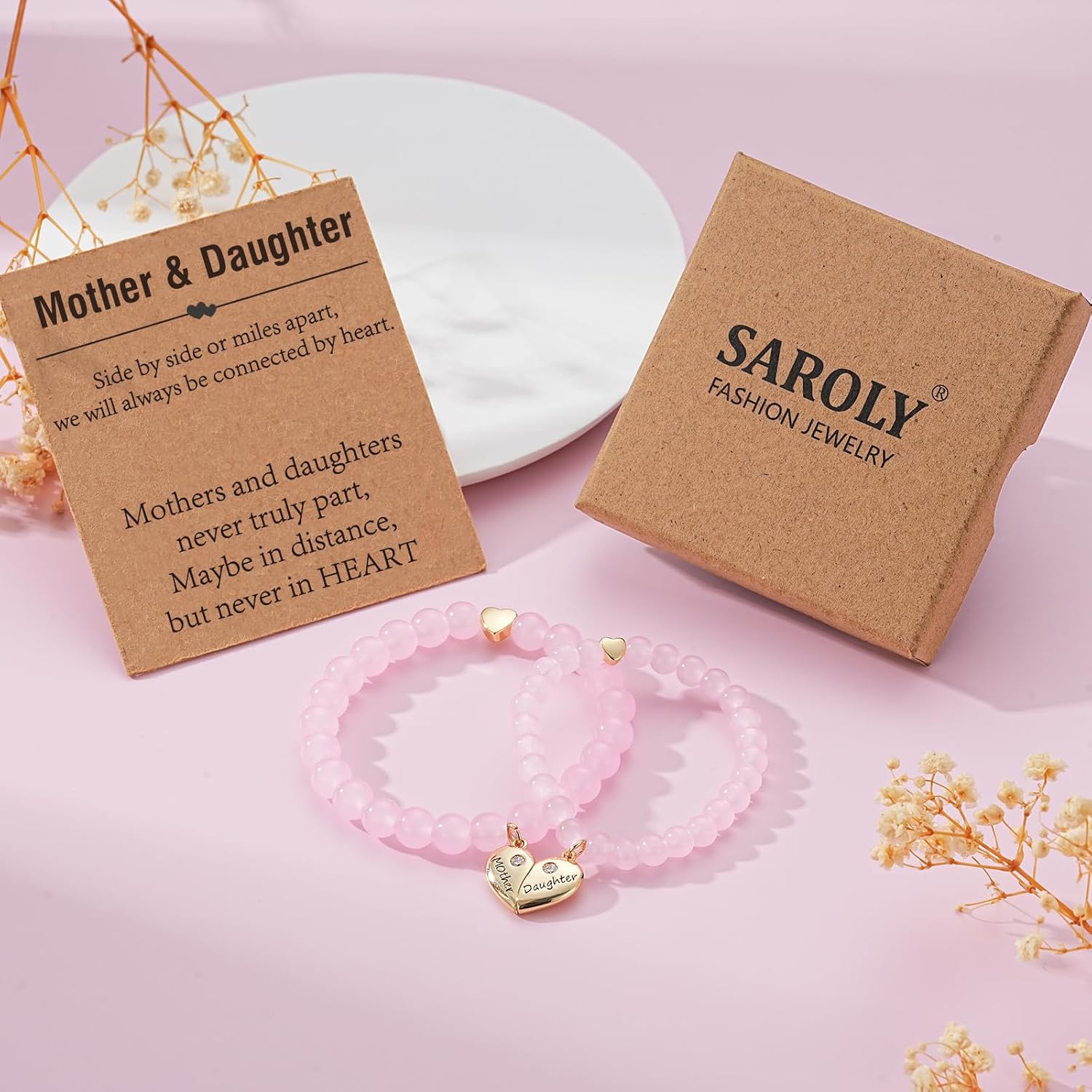 Mothers Day Gifts- Mother Daughter Bracelets Set, Matching Heart Charm Natural Stone Bracelet Jewelry Gifts for Mom Daughter