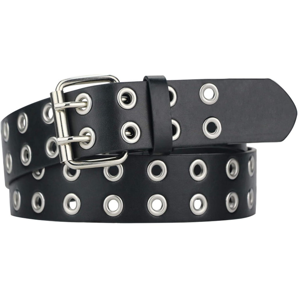 Grommet Leather Belts for Women, Black Belt Women Men with Double Holes