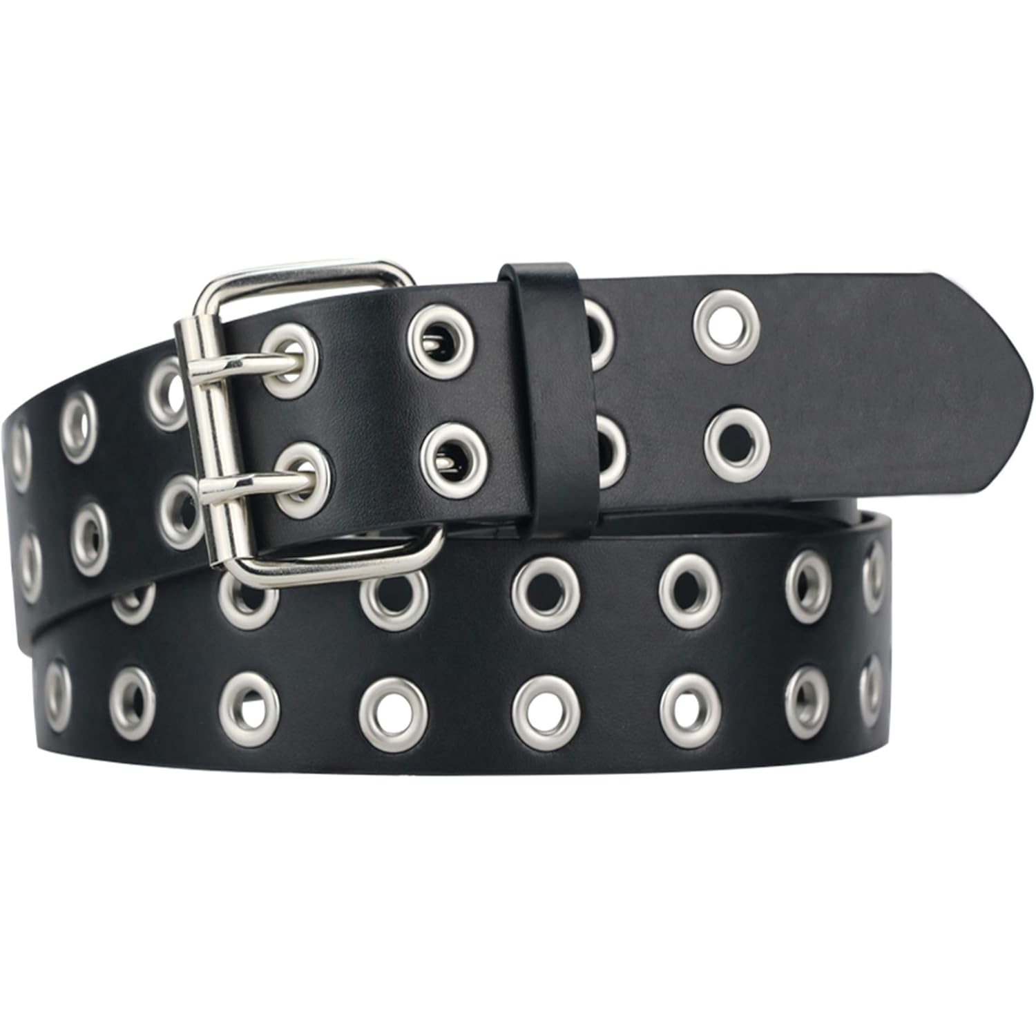 Grommet Leather Belts for Women, Black Belt Women Men with Double Holes