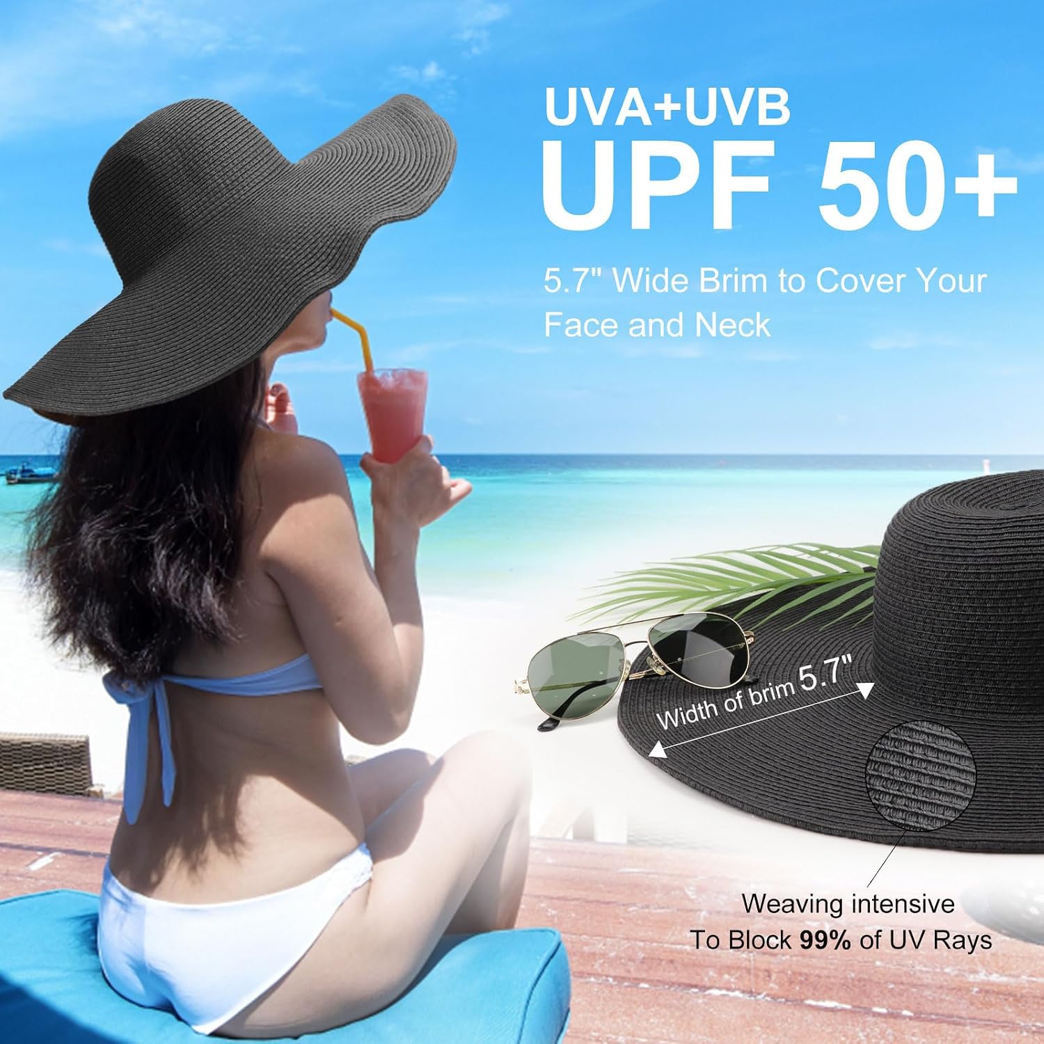DRESHOW Big Straw Sun Hats for Women Floppy Foldable Roll up Beach Cap Sun Hat UPF 50+ Vacation Honeymoon Embroidered Hat Aca Wire: Black