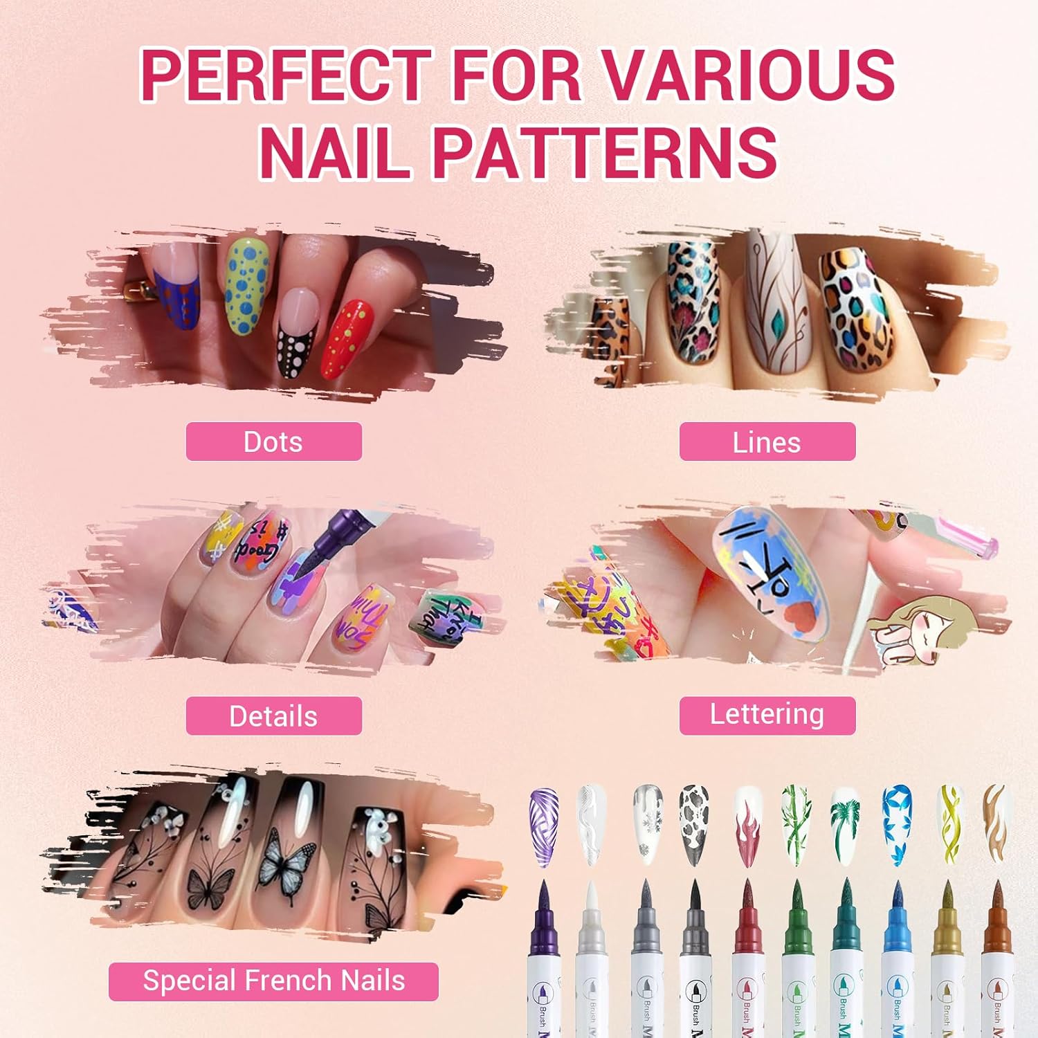 10 Colors Dual-Tip Nail Art Pens, Nail Polish Art Marker Set Fine & Brush Tips for Shading, Outlining & Detailed Nail Drawing, Quick-Dry Nail Art Markers