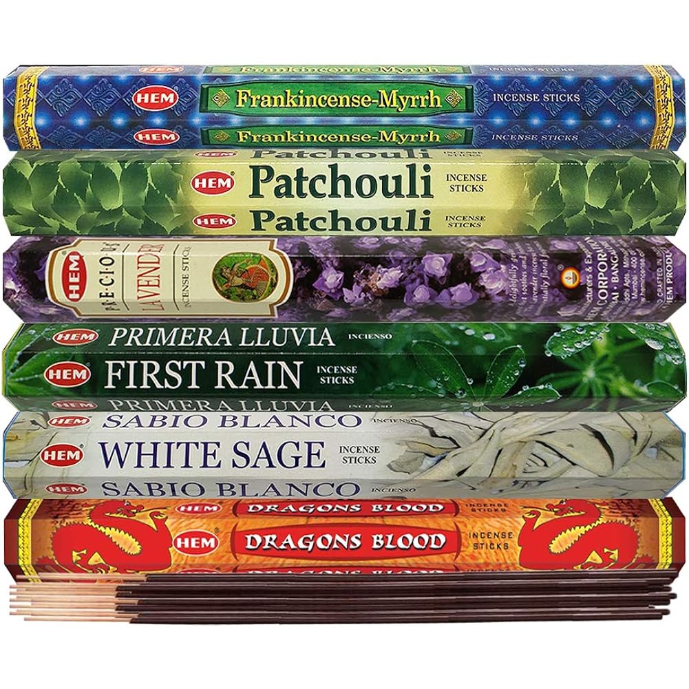 Hem Incense Sticks Variety Pack #23-120 Insence-Sticks (6 Incents X 20 Insense) + Incense Stick Holder With 6 Most Liked Scents Including Patchouli Dragons Blood White Sage Frankincense-Myrrh