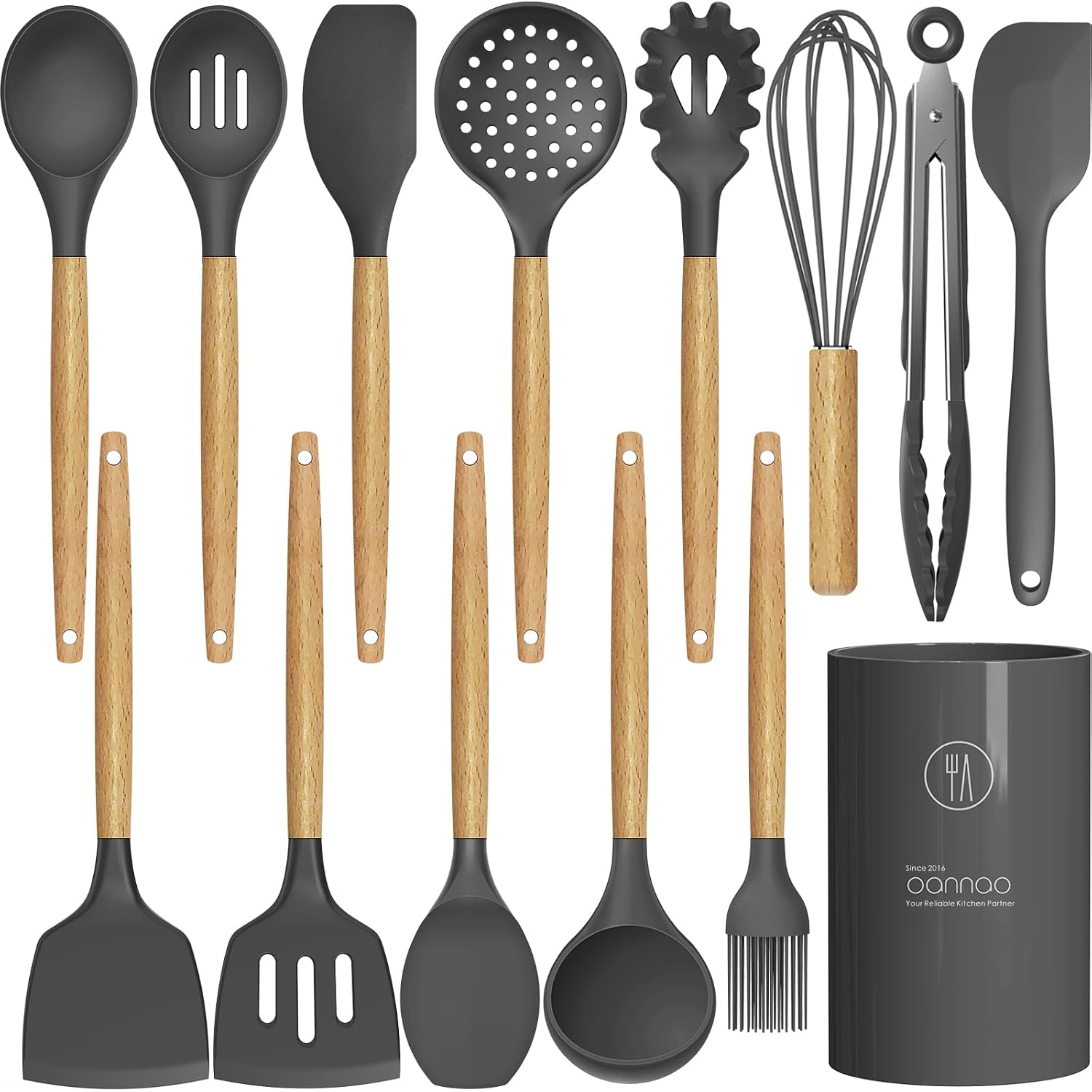 Oannao Silicone Cooking Utensils Kitchen Utensil Set - 446°F Heat Resistant Silicone Kitchen Utensils Set, Spatula,Turner Tongs, Spoon, Whisk,Kitchen Gadgets For Nonstick Cookware, Bpa Free (Gray)