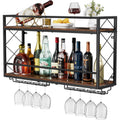 Wine Rack Wall Mounted 2 Tier Wall Wine Rack With Glass Holder, Double Layer Anti-Drop Crossbar, 31.5" Metal Wood Wall Mount Wine Holder For Home Kitchen Dining Room Coffee Shop Bar, Black
